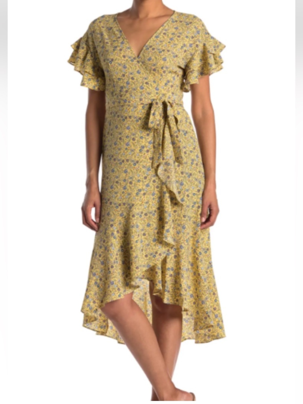 Max Studio Yellow Floral Wrap Midi Dress with Ruffle High-Low Hem